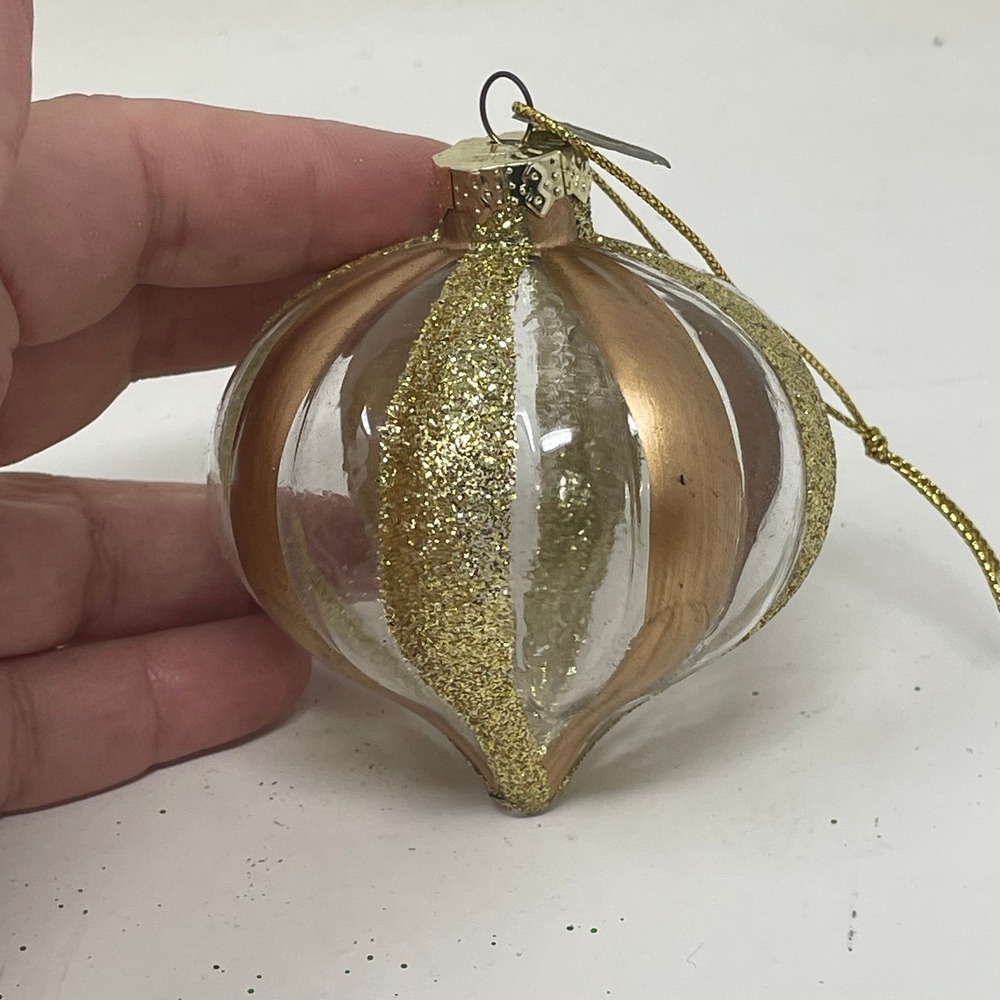 Thomas Pacconi Gold Glitter Striped Glass Christmas Ornament Onion Shape